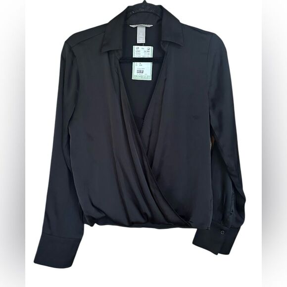 H&M Wrapover Black Satin Classic Blouse. Size XS - Picture 2 of 8